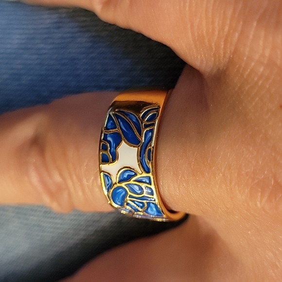 18k Gold Cloisonné Floral Cuff Ring - Picture 6 of 7